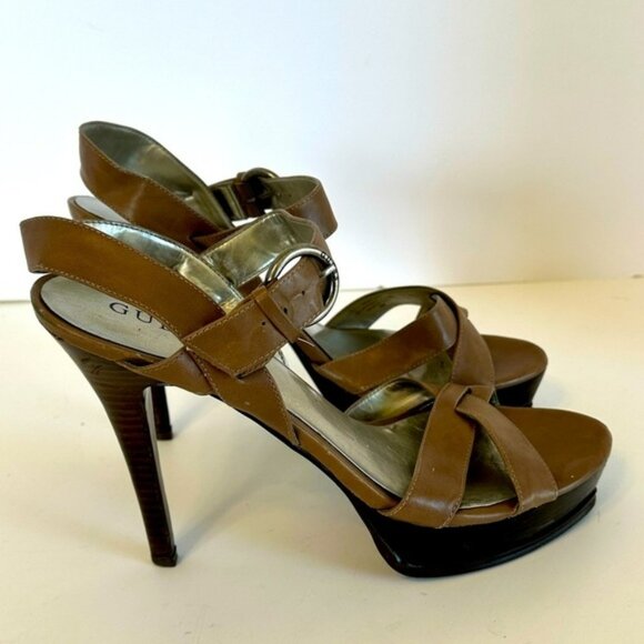 GUESS Brown Leather Strappy Platform Stiletto 5” Heels Sz 10M - Picture 1 of 10
